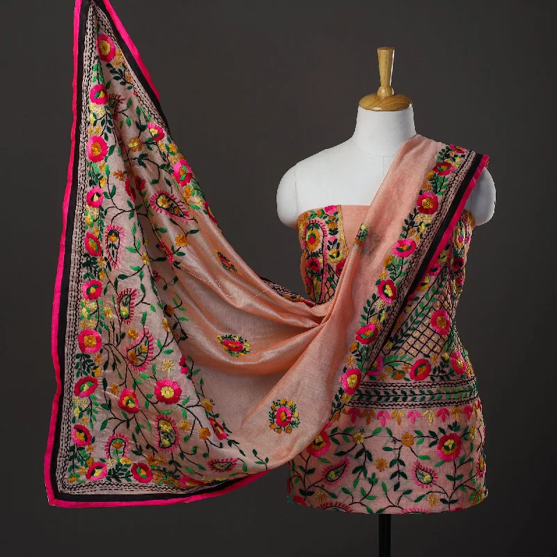 Overstock Peach - 3pc Hand Embroidery Chanderi Silk Phulkari Dress Material 42