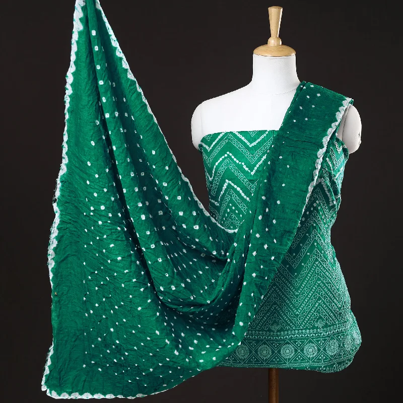 Super Savings Green - 3pc Kutch Bandhani Tie-Dye Satin Cotton Suit Material Set 09