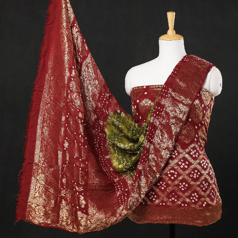 Super Bargain Maroon - 3pc Kutch Bandhani Tie & Dye Jacquard Silk Heavy Zari Work Suit Material Set