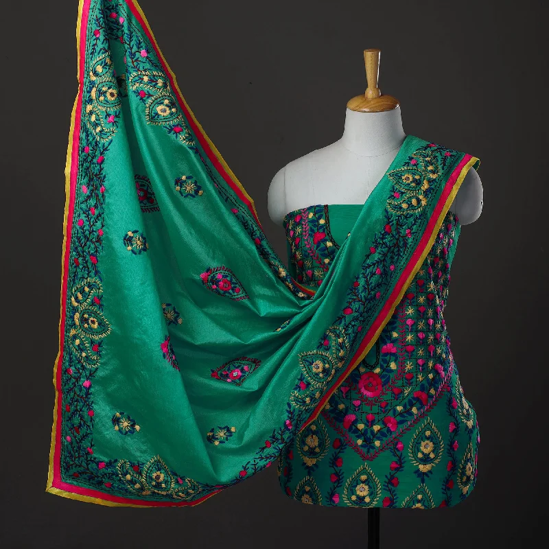 Price Reduction Green - 3pc Hand Embroidery Chanderi Silk Phulkari Dress Material 41