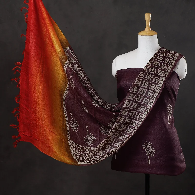 Don’t Miss Out Purple - 2pc Block Printed Tussar Silk Handloom Suit Material Set