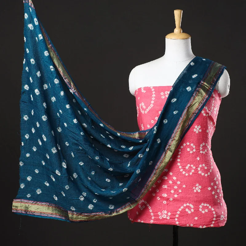 Lowest Price Pink - 3pc Kutch Bandhani Tie-Dye Satin Cotton Suit Material Set