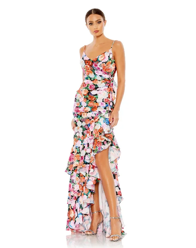 Best Bargains Mac Duggal 68075 Floral Print Formal Prom Long Ruffle Dress