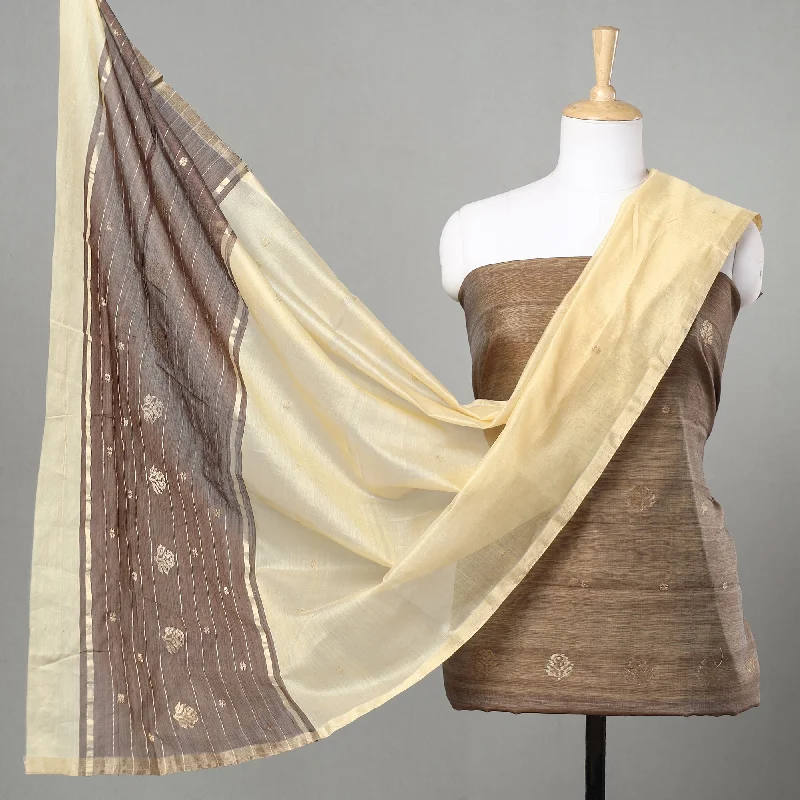 Hot Deal Brown - 3pc Chanderi Silk Cotton Handloom Flower Zari Buta Suit Material Set