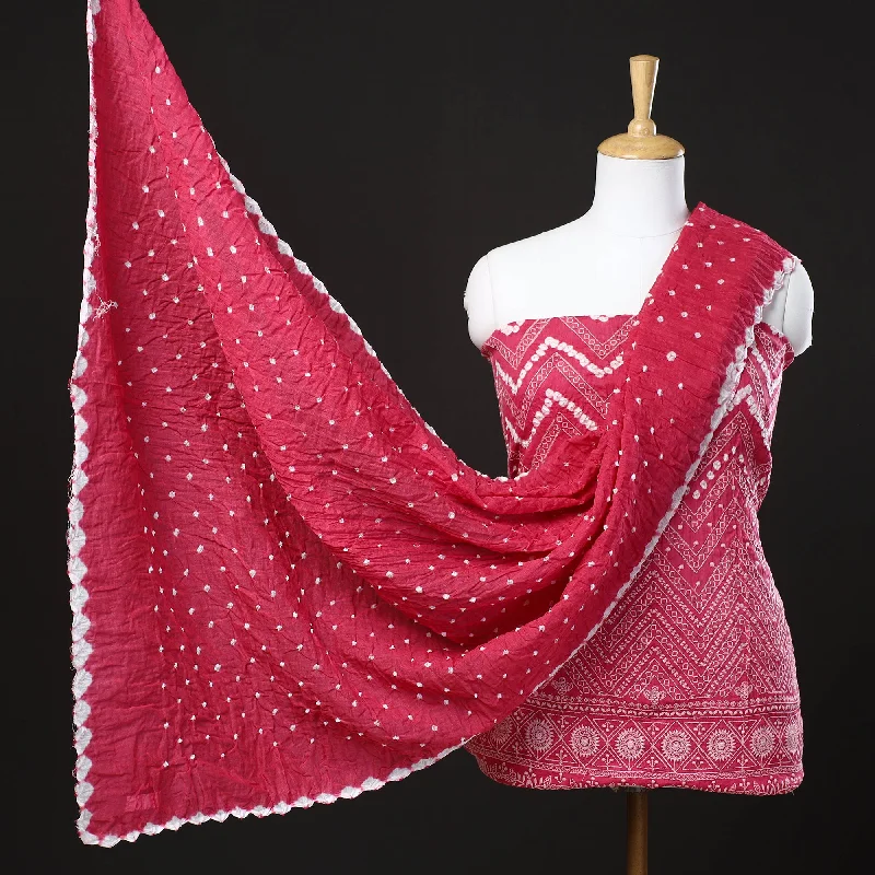 New Deals Pink - 3pc Kutch Bandhani Tie-Dye Satin Cotton Suit Material Set