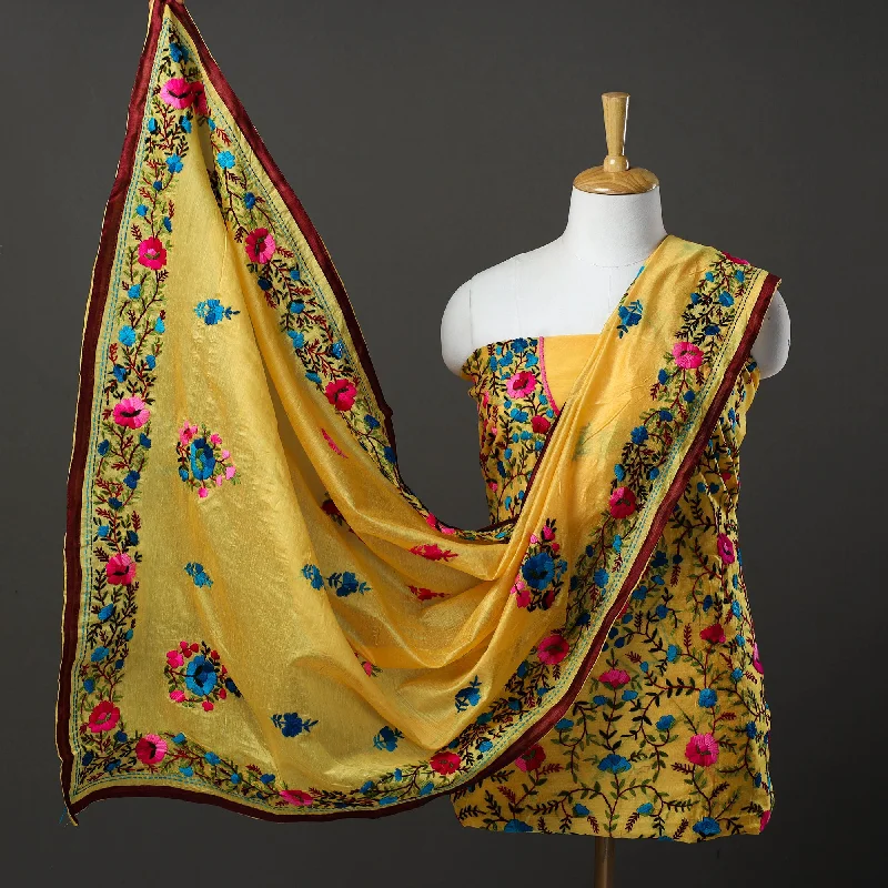 Reduced Prices Yellow - 3pc Hand Embroidery Chanderi Silk Phulkari Dress Material 101