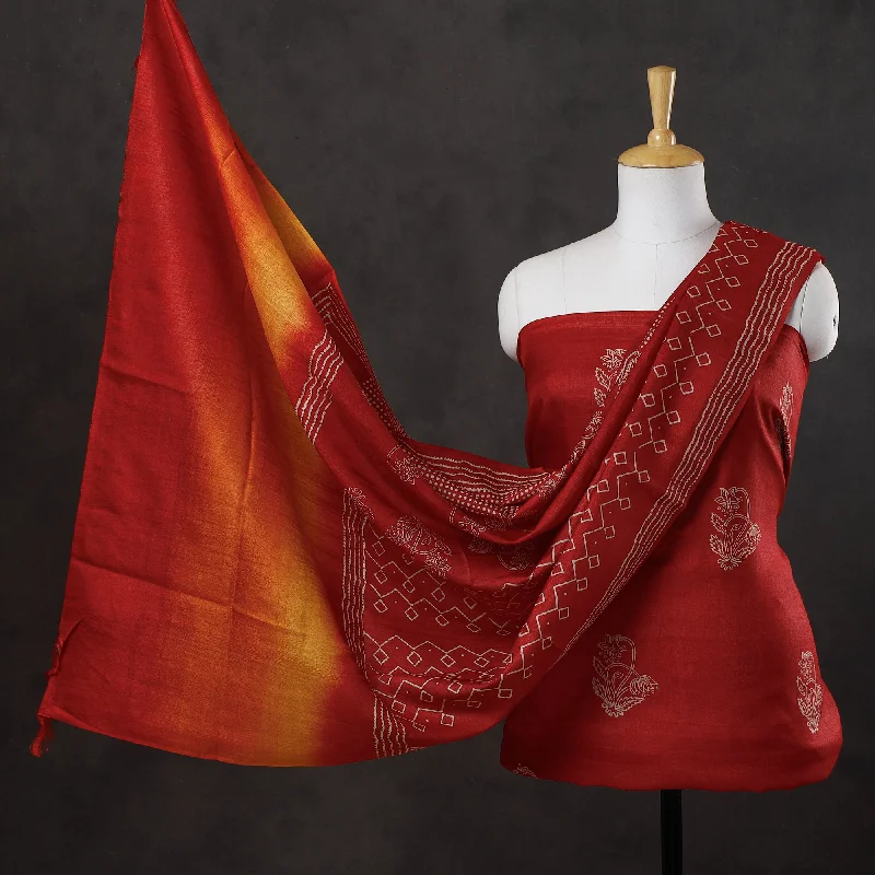 Year-End Sale Red - 2pc Block Printed Tussar Silk Handloom Suit Material Set