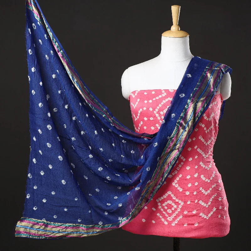 Online Only Pink - 3pc Kutch Bandhani Tie-Dye Satin Cotton Suit Material Set