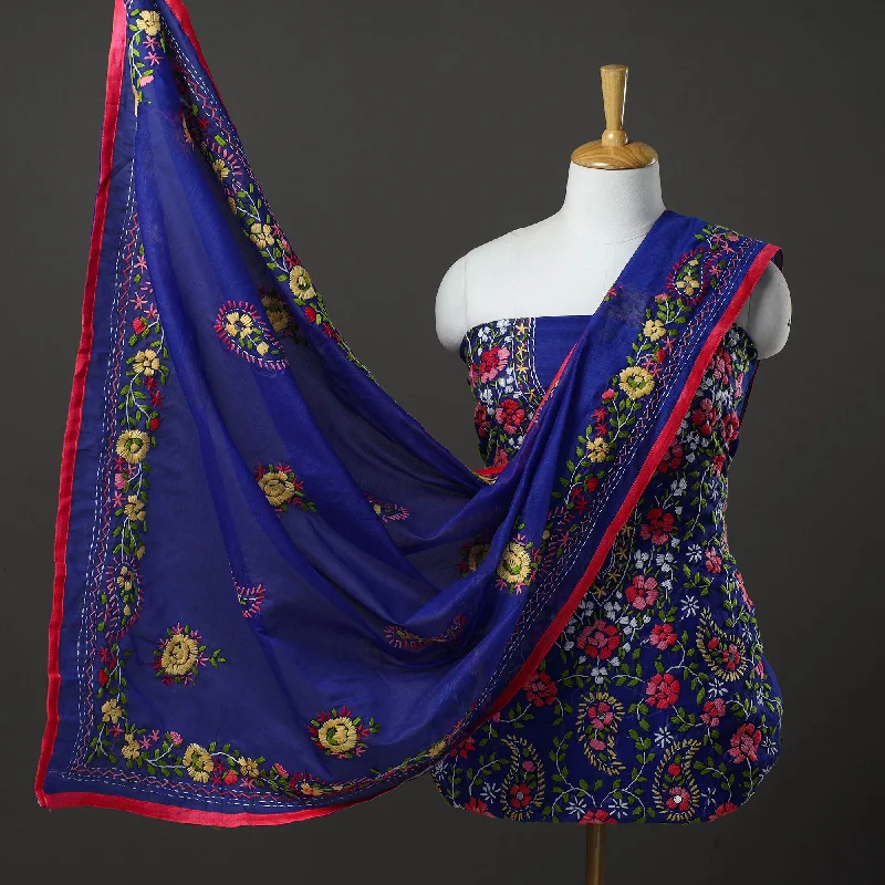 Epic Deals Blue - 3pc Hand Embroidery Chanderi Silk Phulkari Dress Material 92