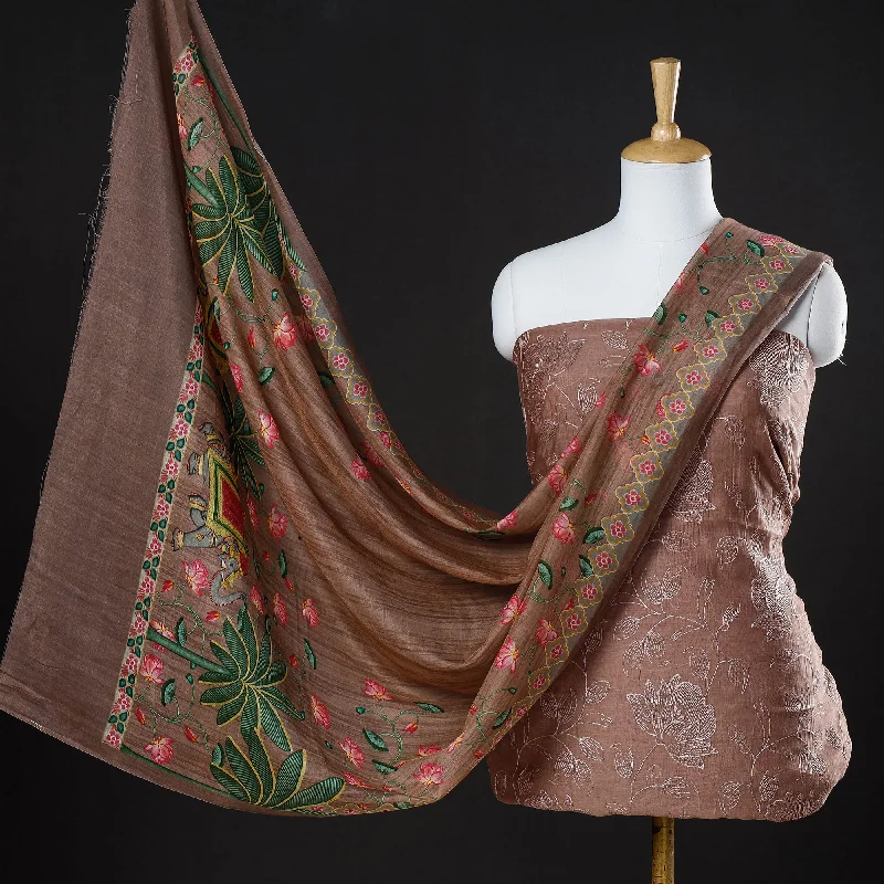 YEAR-End Sale Brown - 3pc Handloom Chanderi Silk Cotton Embroidered Suit Material Set with Digital Printed Dupatta