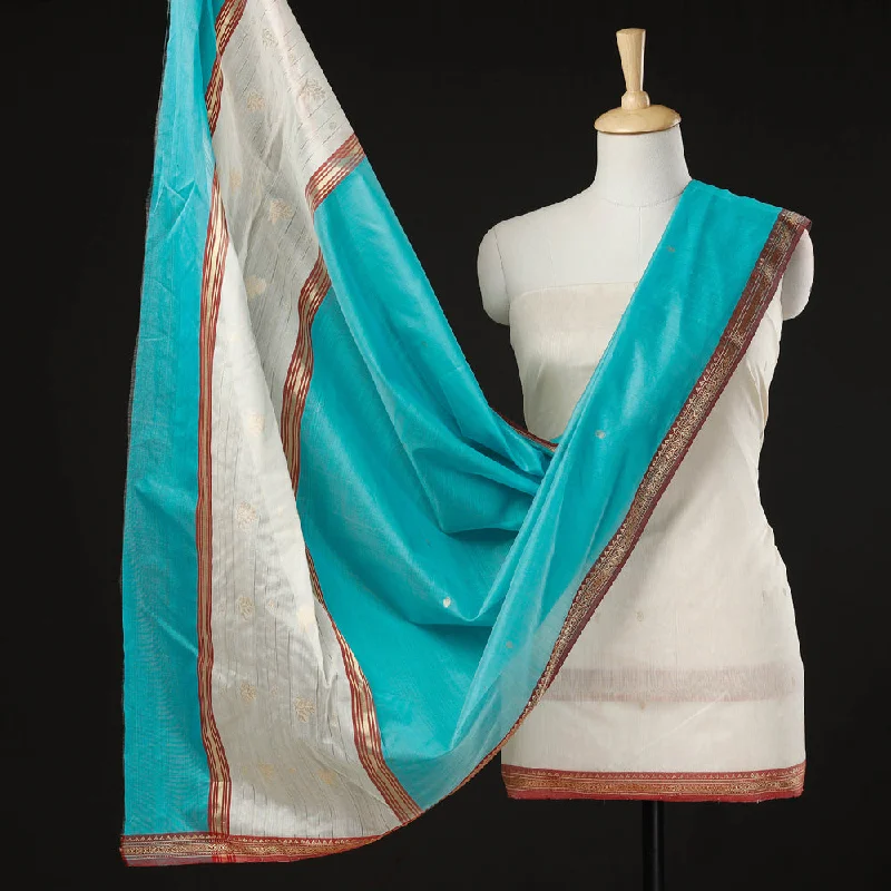 Deal Zone White - 3pc Chanderi Silk Handloom Zari Buti Suit Material Set with Nakshi Zari Border