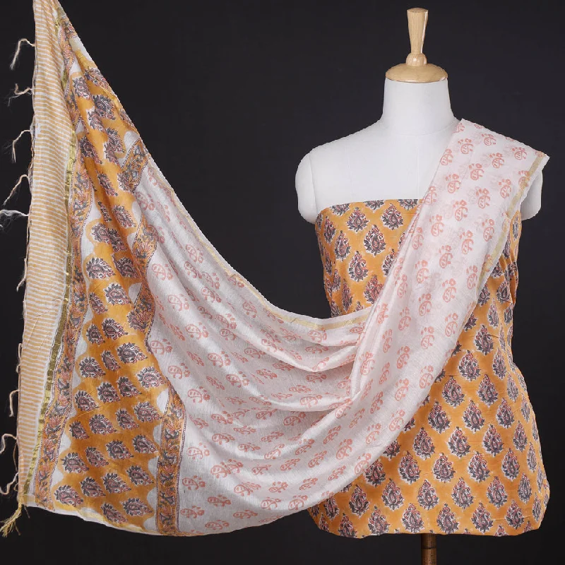 Online Exclusive Orange - 3pc Sanganeri Block Printed Chanderi Silk Suit Material Set