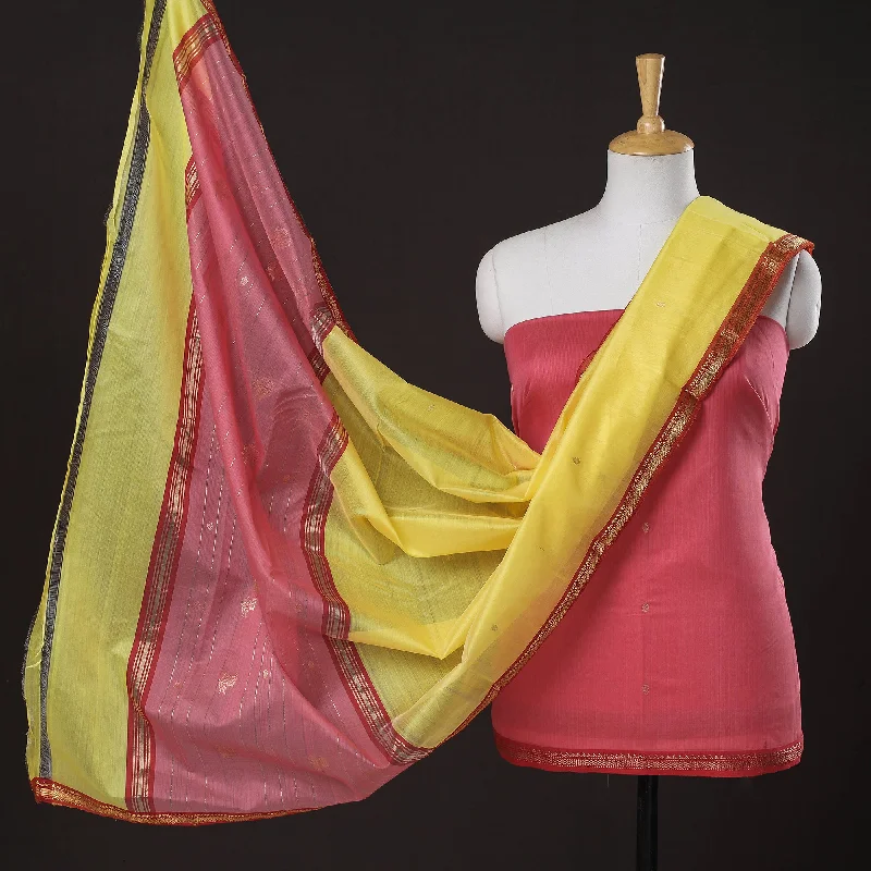 Big Discounts Pink - 3pc Chanderi Silk Handloom Nakshi Zari Suit Material Set
