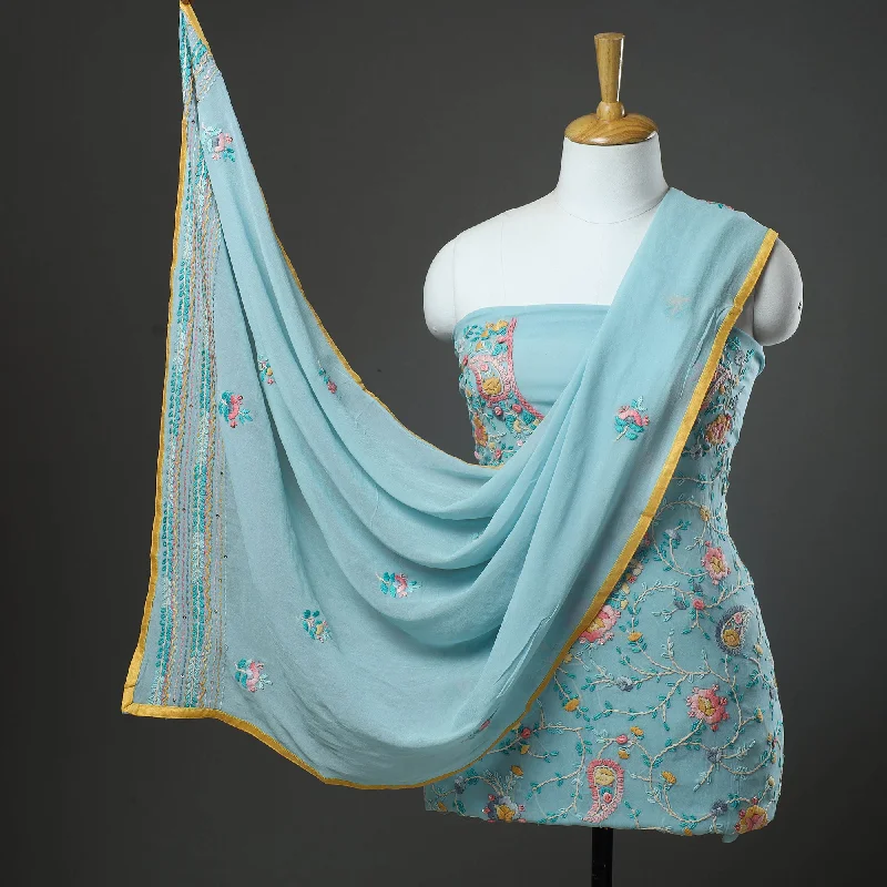 Great Deals Blue - 3pc Hand Embroidery Georgette Phulkari Dress Material 03