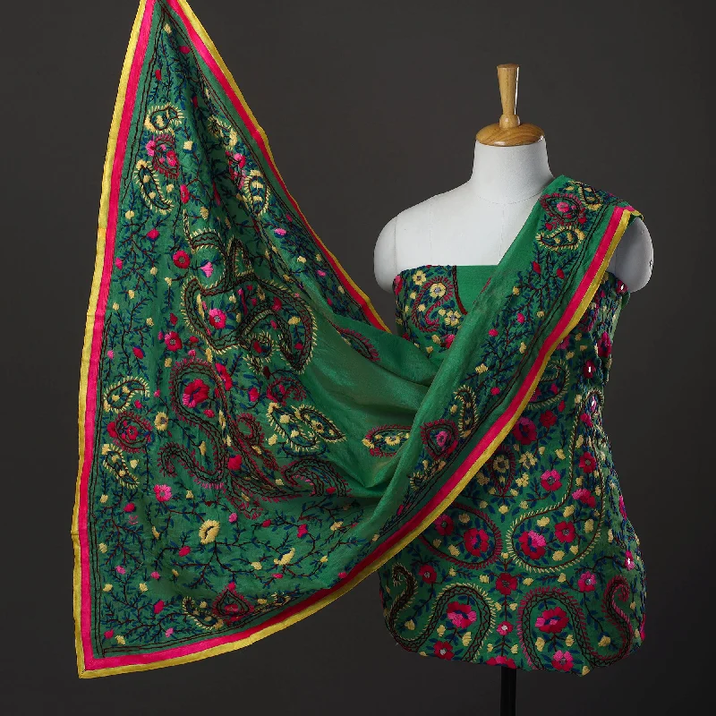 Value Deals Green - 3pc Hand Embroidery Chanderi Silk Phulkari Dress Material 37