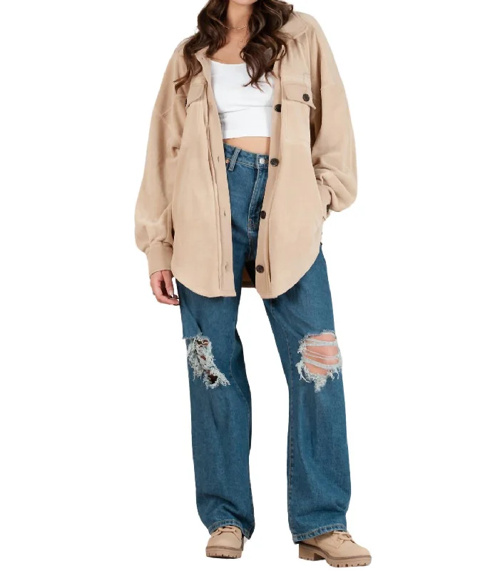 Price Meltdown Fleece Button Down Shacket In Taupe
