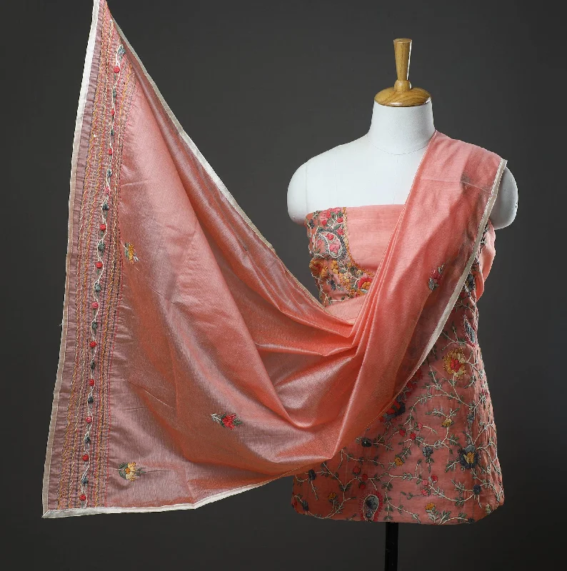 Closeout Sale Peach - 3pc Hand Embroidery Chanderi Silk Phulkari Dress Material 01