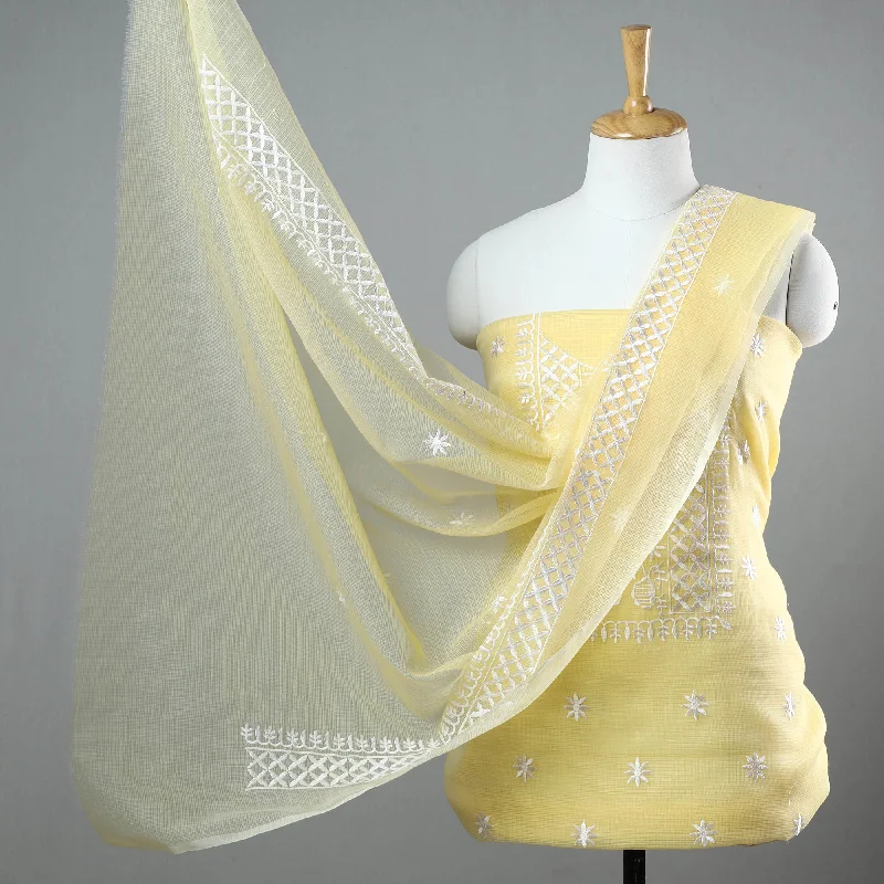 Early Access Yellow - 3pc Cotton Embroidered Kota Doria Dress Material 17