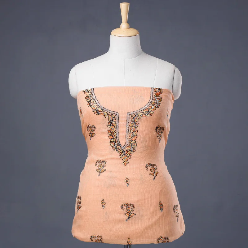 Discount Deals Orange - Kashidakari Hand Embroidery Handloom Kota Doria Kurta Material - 2.6 M