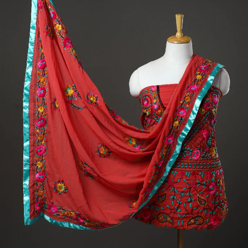 Super Bargain Red - 3pc Hand Embroidery Georgette Phulkari Dress Material 12