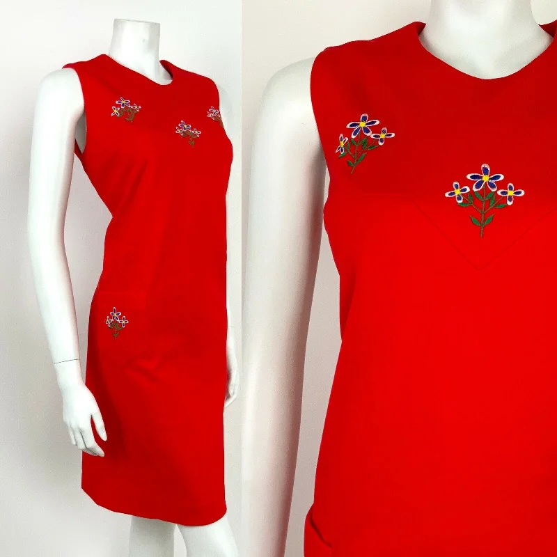 Price Meltdown VTG 60s 70s APPLE RED BLUE WHITE FLORAL EMBROIDERY MOD PINAFORE SHIFT DRESS 12