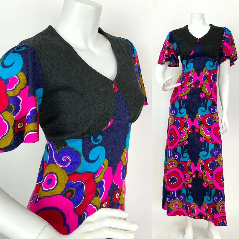 Online Only VTG 60s 70s BLUE BLACK PINK GOLD RED PSYCHEDELIC FLORAL SWIRL MAXI DRESS 8 10