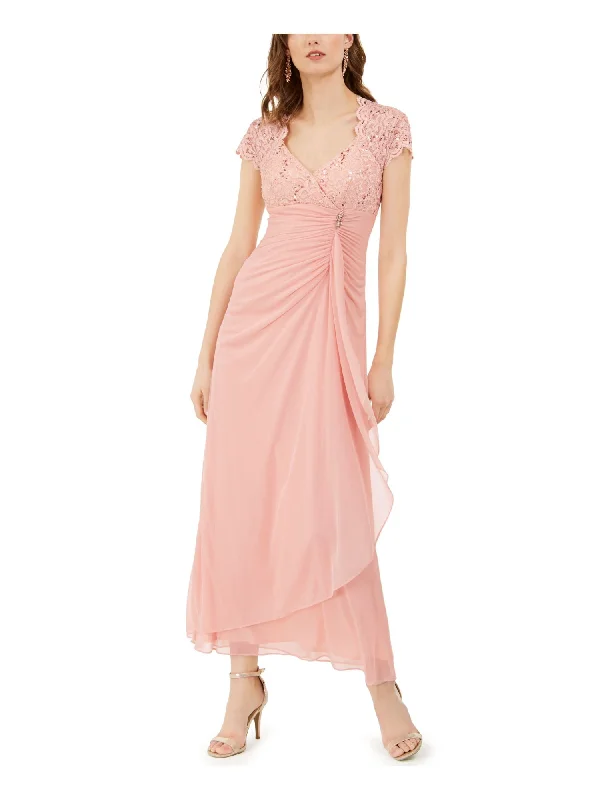 Clearance Sale B&A  BY BETSY & ADAM Womens Stretch Embellished Short Sleeve Surplice Neckline Maxi Formal Gown Dress