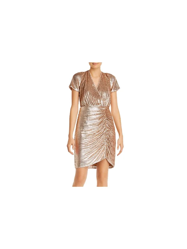 Clearance Items AIDAN AIDAN MATTOX Womens Sequined Short Sleeve Surplice Neckline Short Cocktail Sheath Dress