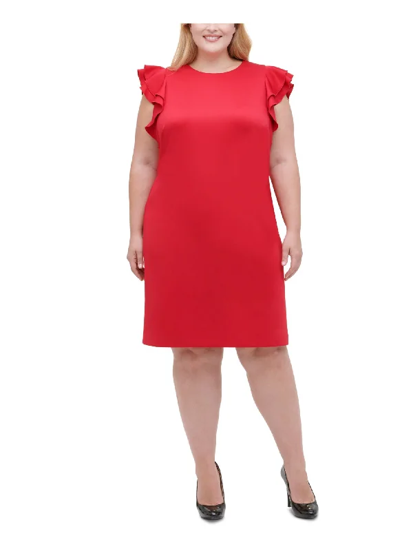 Deal Zone TOMMY HILFIGER Womens Ruffled Cap Sleeve Jewel Neck Knee Length Cocktail Shift Dress Deal Zone TOMMY HILFIGER Womens Ruffled Cap Sleeve Jewel Neck Knee Length Cocktail Shift Dress