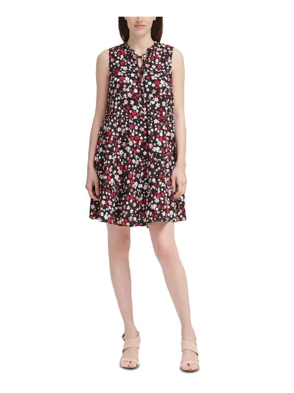 Sale Event CALVIN KLEIN Womens Ruffled Floral Sleeveless Tie Neck Above The Knee Shift Dress