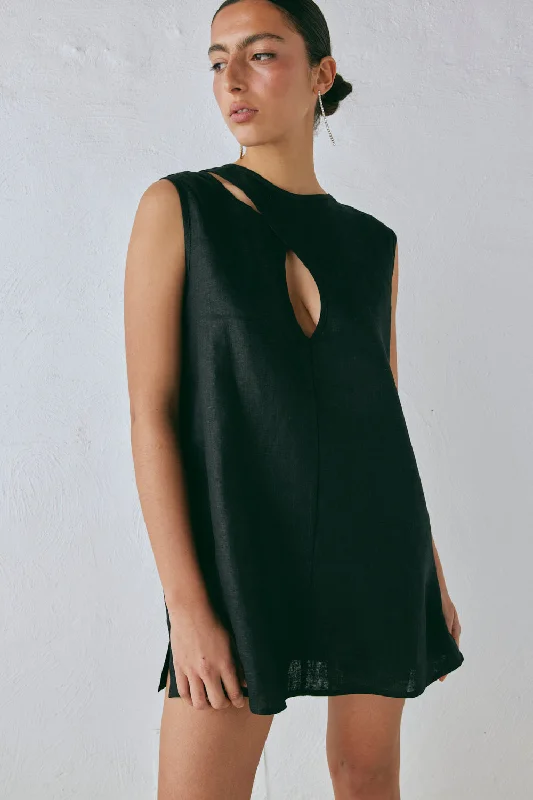 Stock Clearance Yuri Linen Mini Dress Black
