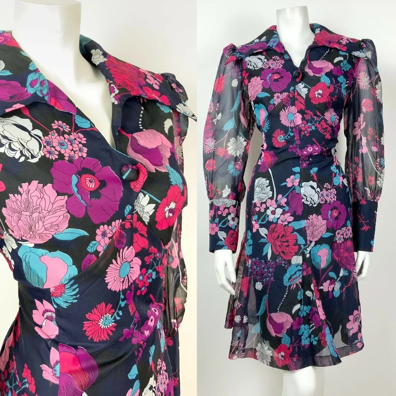 Final Sale VINTAGE 60s 70s BLUE PINK PURPLE FLORAL SHEER BISHOP SLEEVE SWING DRESS 14 16 Final Sale VINTAGE 60s 70s BLUE PINK PURPLE FLORAL SHEER BISHOP SLEEVE SWING DRESS 14 16