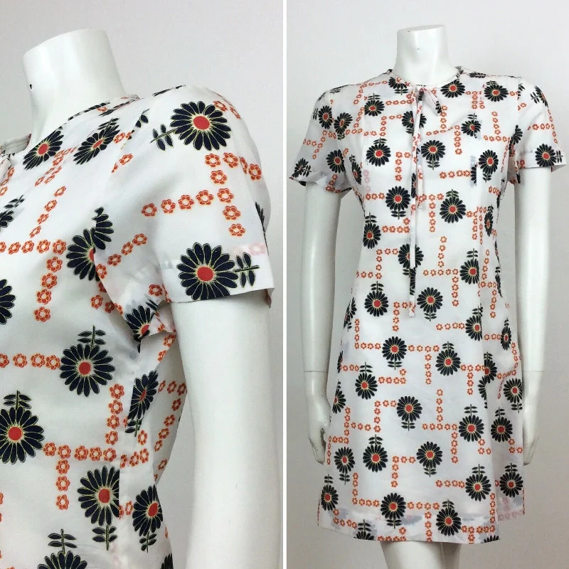 Clearance Sale 60s VINTAGE WHITE BLACK RED FLORAL FLOWER DAISY PATTERN DRESS 14