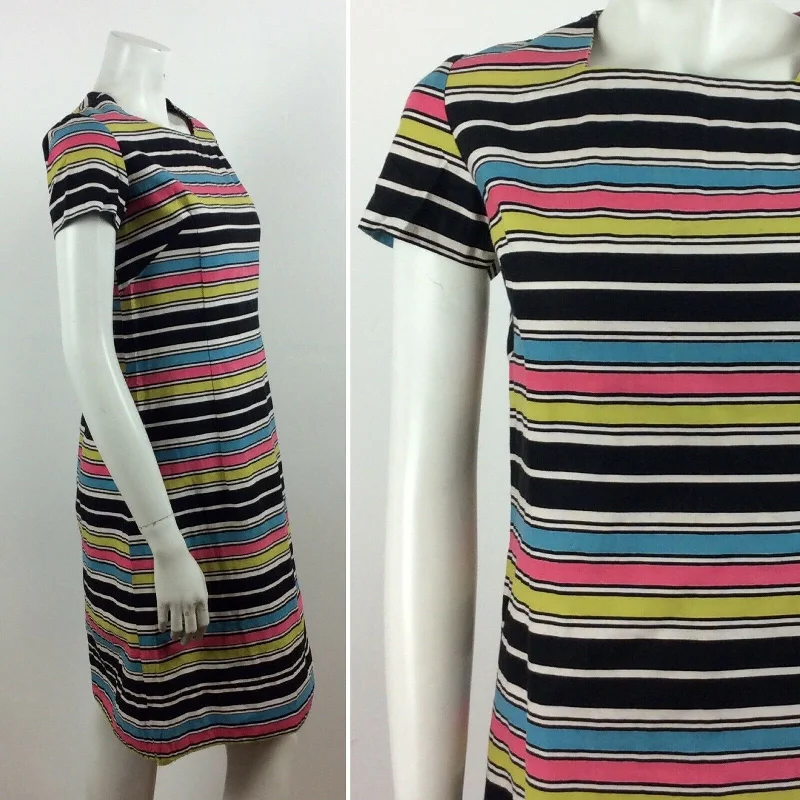 Online Only 60S VINTAGE STRIPED BLACK WHITE GREEN PINK BLUE DRESS 12