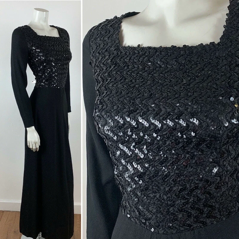 Closeout VINTAGE 60S BLACK SEQUIN CHEVRON EVENING PARTY MAXI DRESS 8 10