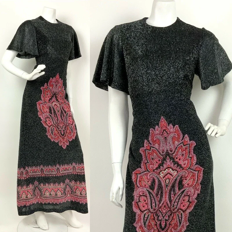 Don’t Miss Out VTG 60s 70s BLACK SILVER PINK LUREX GLITTER PAISLEY CAPE SLEEVE MAXI DRESS 10