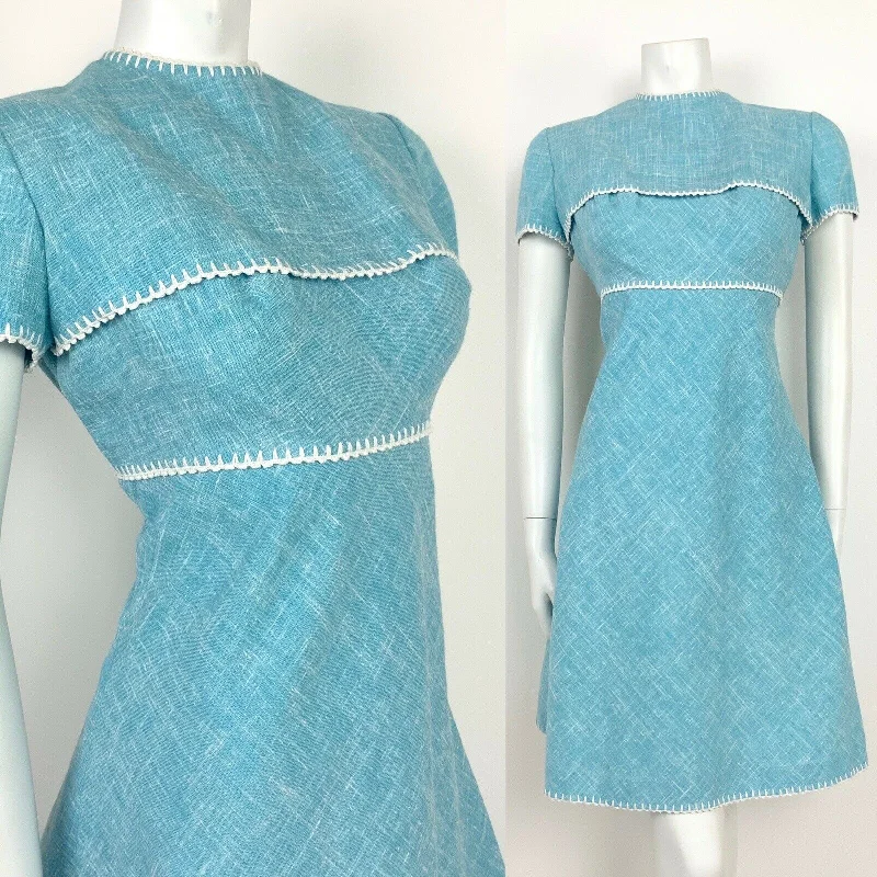 Exclusive Online Offer VTG 60s 70s BABY BLUE WHITE COTTON LINEN BLANKET STITCH PRINCESS LINE DRESS 10