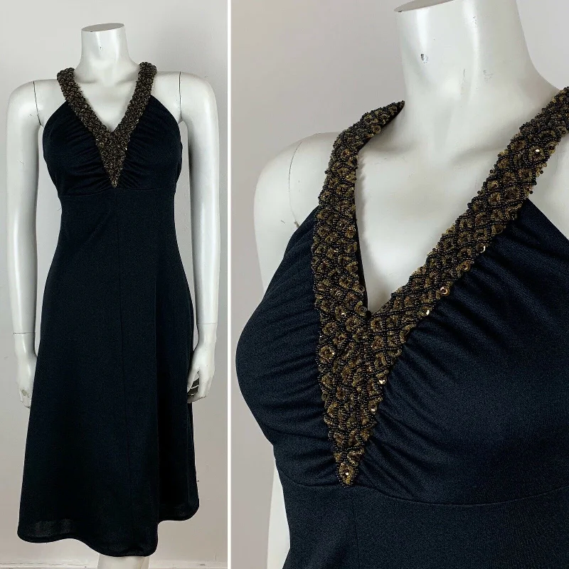 Clearance Sale VINTAGE 70S BLACK GOLD BEADED HALTER NECK DRESS 6 8