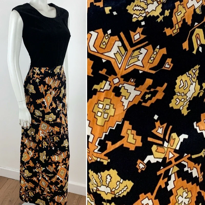 Bargain Prices VINTAGE 70S BLACK VELVET MAXI DRESS ORANGE WHITE AZTEC PRINT 12 14
