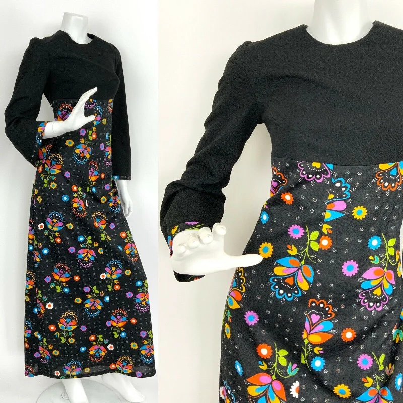 Take Advantage VTG 60s 70s BLACK ORANGE BLUE PURPLE PSYCHEDELICN FLOWER MAXI DRESS 10