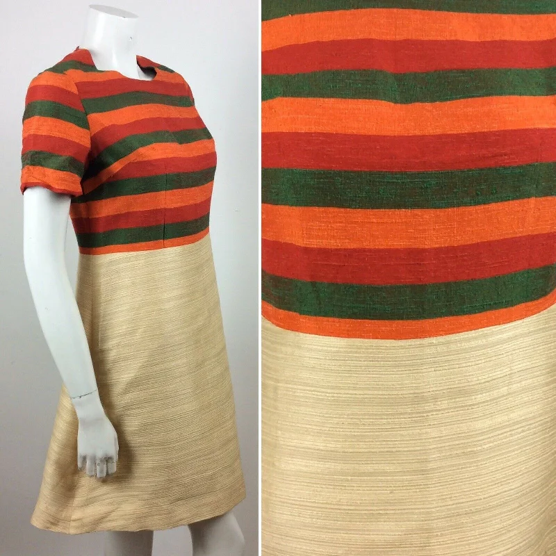 One-DAY Sale VTG 60S GREEN, RED, ORANGE CREAM STRIPED PREPPY VINTAGE DRESS