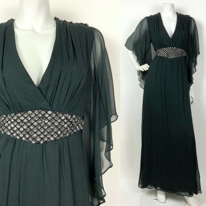 One-DAY Sale VTG 60s 70s BLACK SILVER BEADED SEQUIN ANGEL WING SHEER PLUNGE MAXI DRESS 8 10