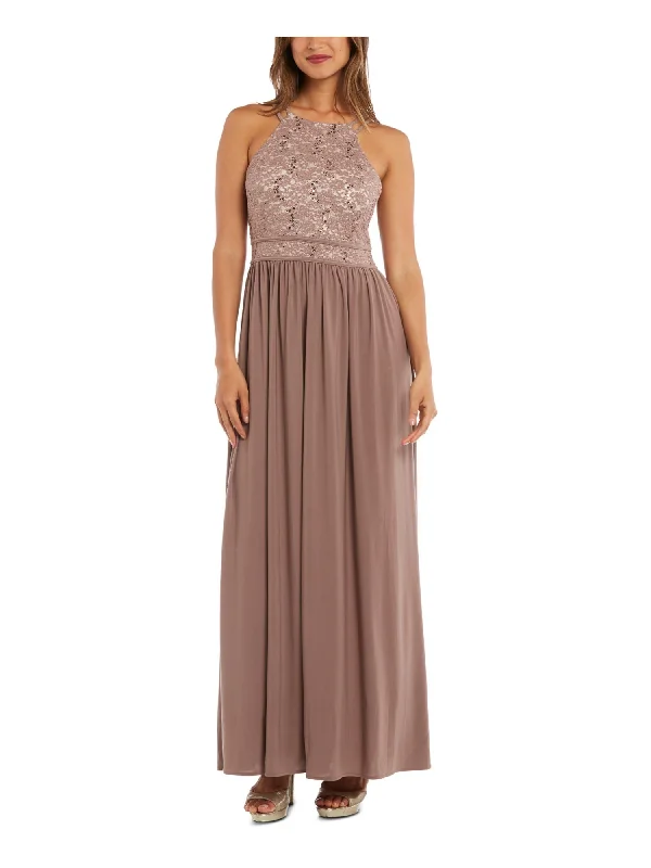 Super Deal NIGHTWAY Womens Sequined Sleeveless Halter Maxi Evening Fit + Flare Dress