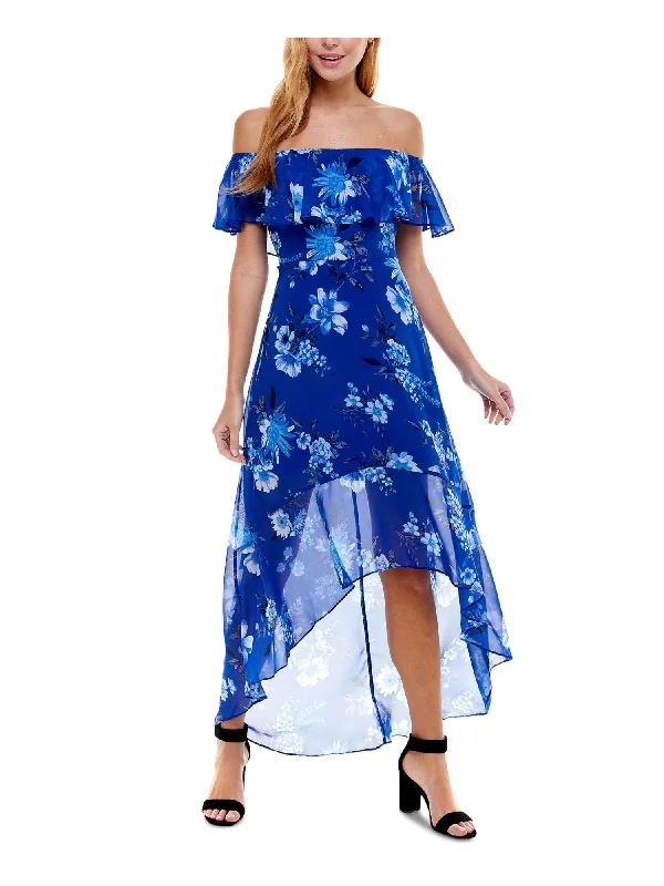 Mega Sale CRYSTAL DOLLS Womens Zippered Floral Flutter Sleeve Off Shoulder Full-Length Cocktail Hi-Lo Dress Mega Sale CRYSTAL DOLLS Womens Zippered Floral Flutter Sleeve Off Shoulder Full-Length Cocktail Hi-Lo Dress