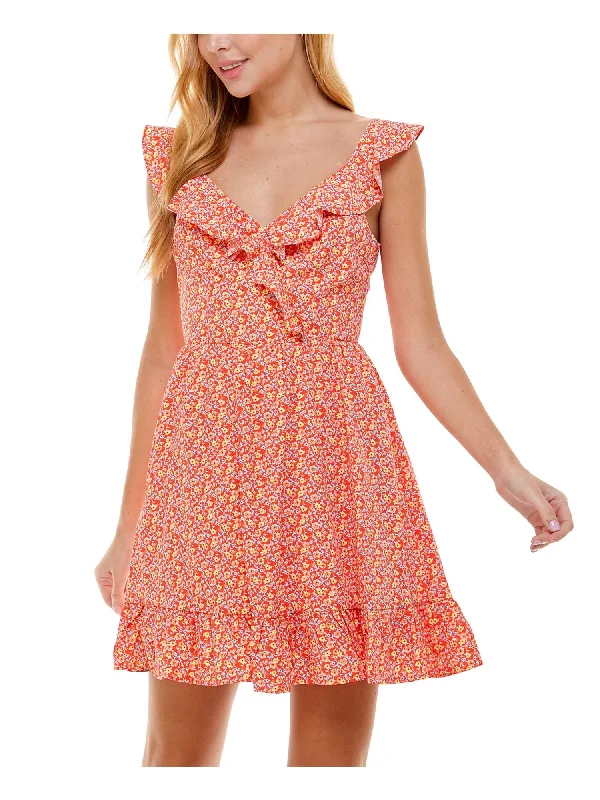 Factory Direct Sale CITY STUDIO Womens Ruffled Floral Sleeveless V Neck Short A-Line Dress