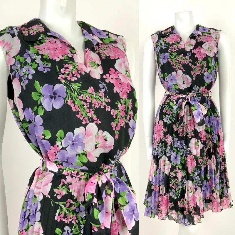 Online Only VINTAGE 60s 70s BLACK PINK PURPLE GREEN FLORAL PLEATED BELTED DRESS 12