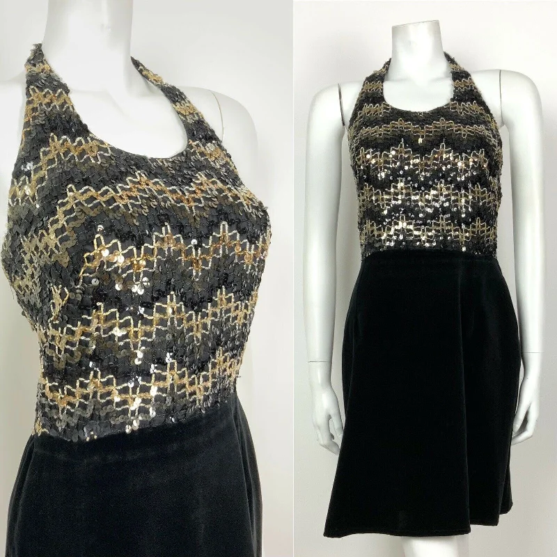 Reduced Prices VINTAGE 60s 70s BLACK VELVET GOLD SEQUINNED DISCO STUDIO 54 HALTER DRESS 8 10