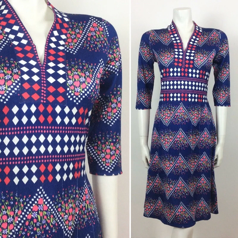 Crazy Savings 70S VINTAGE PURPLE DIAMOND PINK FLORAL DRESS 12
