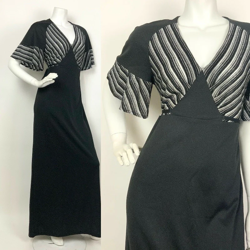 Referral Discount VTG 60s 70s BLACK METALLIC SILVER STRIPED BELL SLEEVE DISCO GLAM MAXI DRESS 8 10
