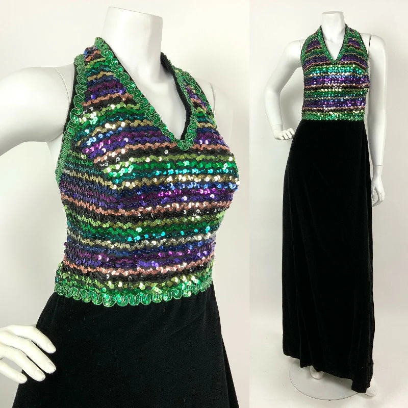 Sale Event VTG 60s 70s BLACK VELVET GREEN PURPLE GOLD SEQUIN DISCO HALTER MAXI DRESS 10 12 Sale Event VTG 60s 70s BLACK VELVET GREEN PURPLE GOLD SEQUIN DISCO HALTER MAXI DRESS 10 12